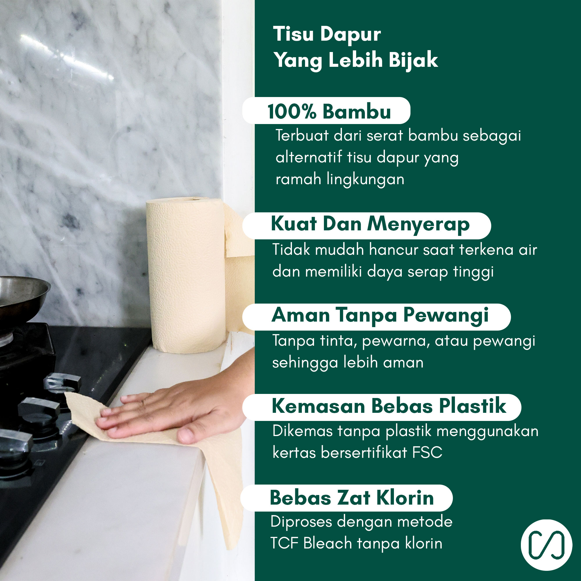 Tisu Dapur TISOO Tree-Free (Bamboo) Kitchen Paper (3 Rolls) - Image 2
