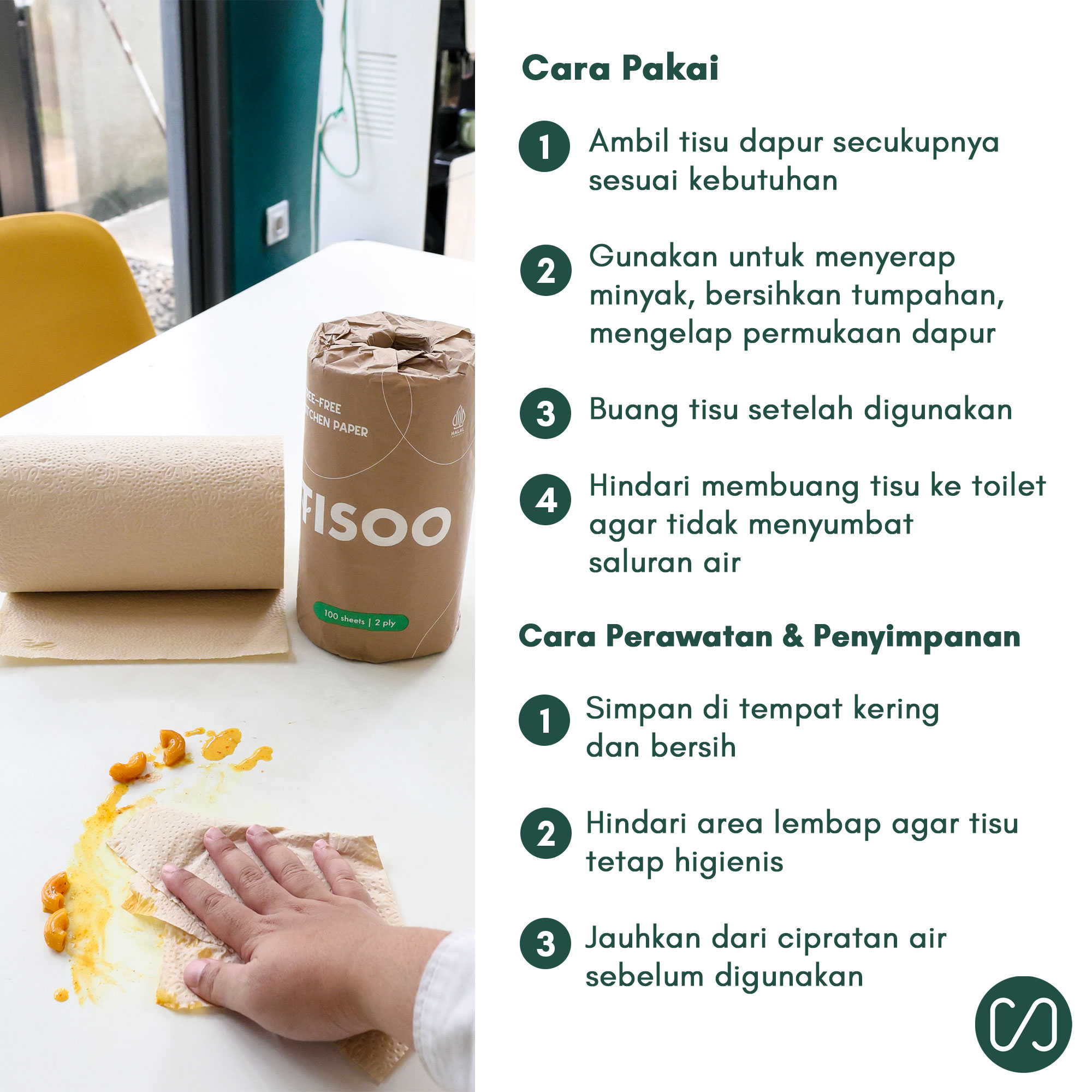 Tisu Dapur TISOO Tree-Free (Bamboo) Kitchen Paper (3 Rolls) - Image 5