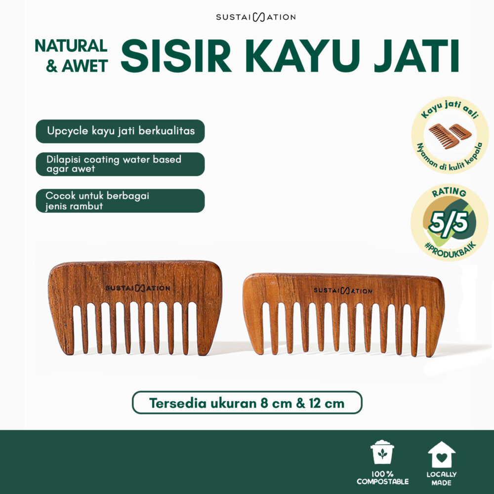 Sustaination Sisir Kayu Jati 100% Lokal | Pilihan Ukuran 8 & 12 cm