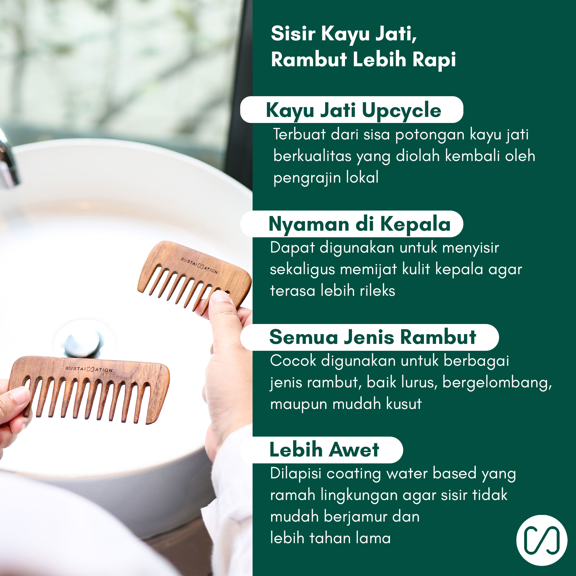 Sustaination Sisir Kayu Jati 100% Lokal | Pilihan Ukuran 8 & 12 cm - Image 2