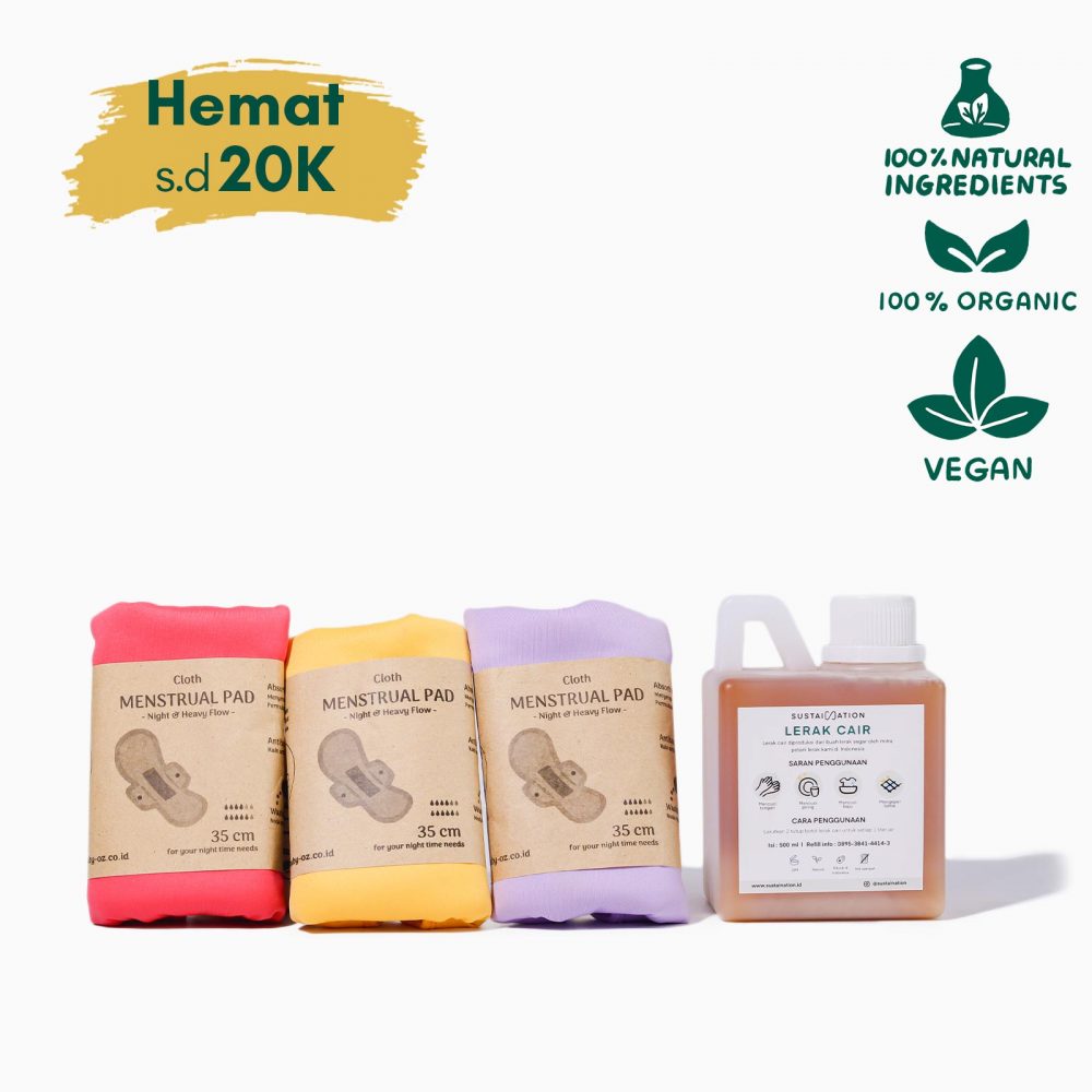 Sustaination Lerak Cair dan Menstrual Pad (3 pcs) - Sabun Cuci Alami dan Menspad Kain