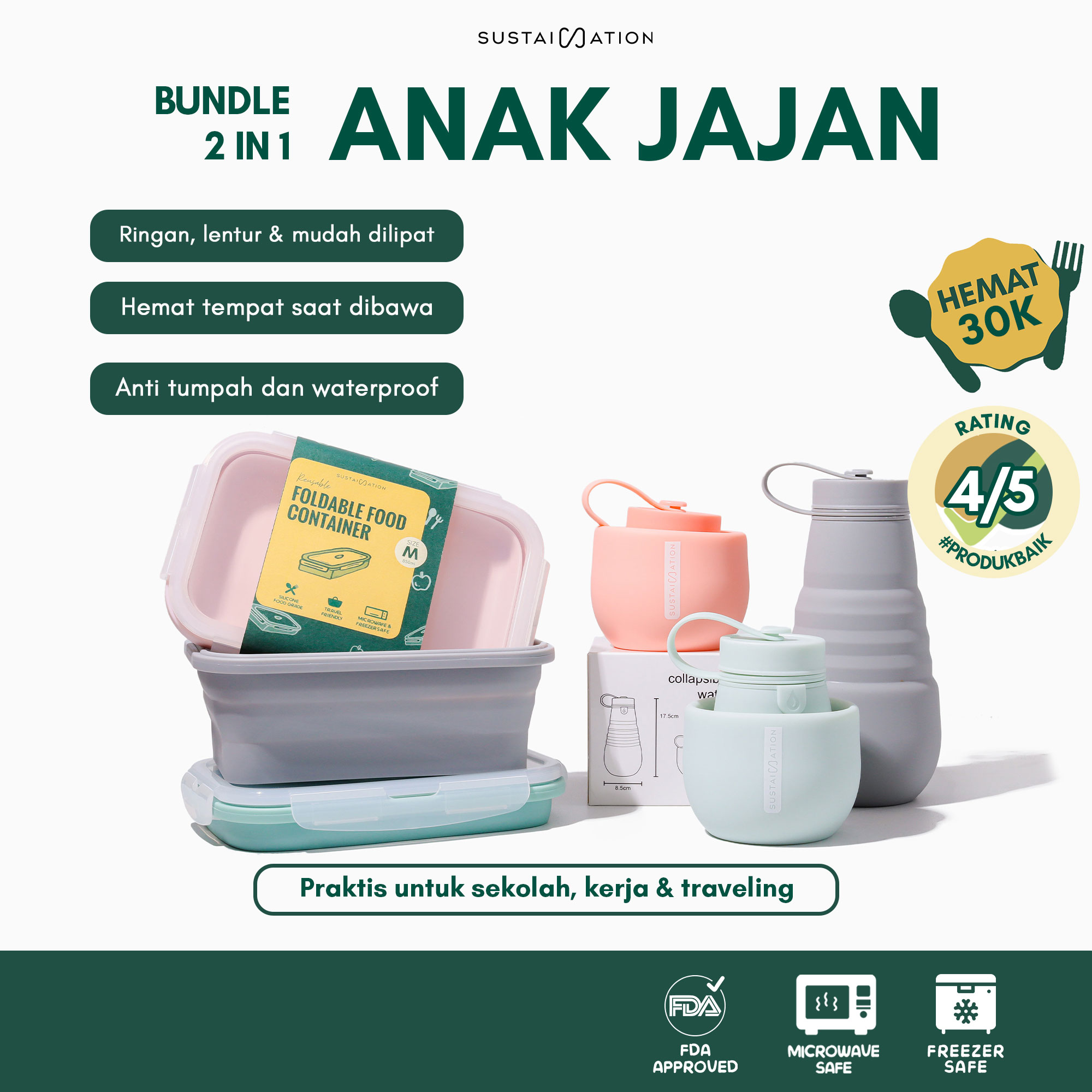 Bundle Kotak Makan / Lunch Box Lipat + Botol Minum Lipat Sustaination | Paket Hemat Ramah Lingkungan - Image 1