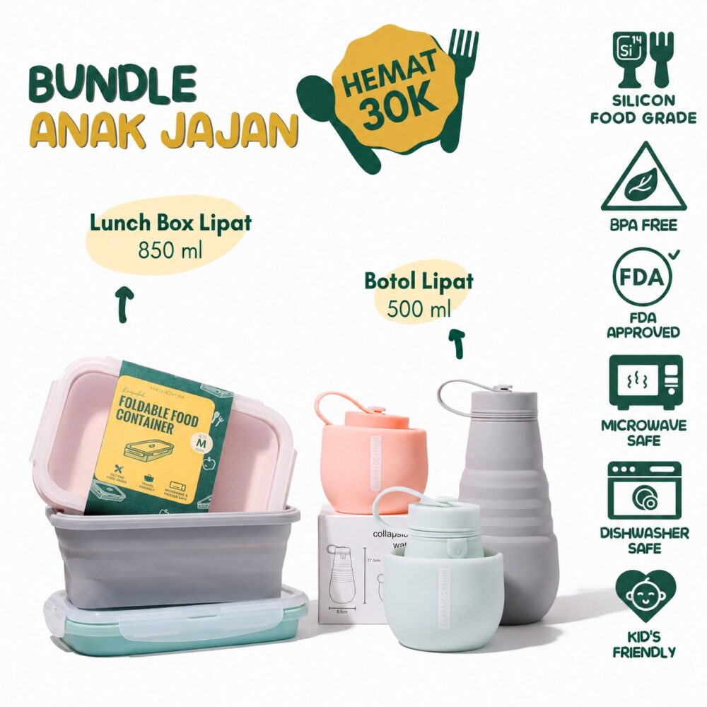 Bundle Kotak Makan / Lunch Box Lipat + Botol Minum Lipat Sustaination | Paket Hemat Ramah Lingkungan