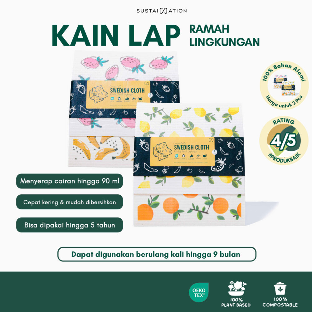 Sustaination Compostable Swedish Cloth | Kain Lap Sponge Alami Ramah Lingkungan (2pcs)