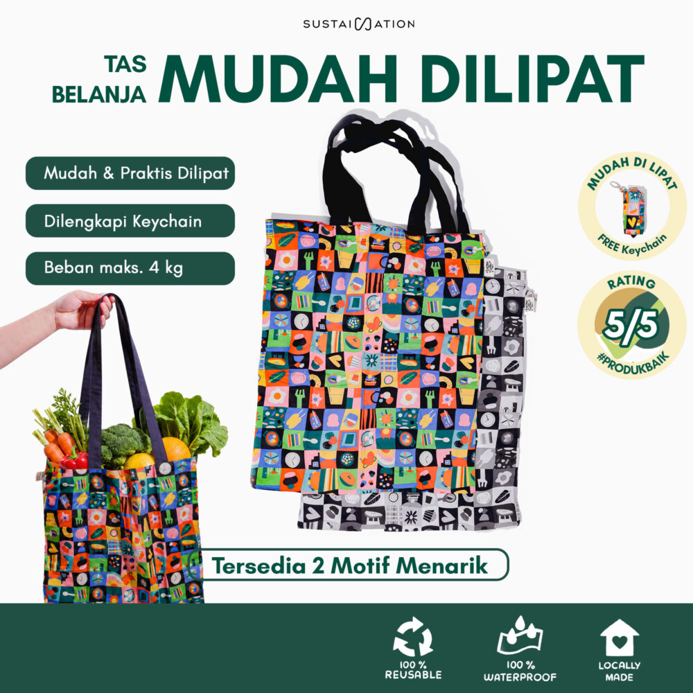 Sustaination x Smitten by Pattern EasyFold Tote Bag | Tas Belanja Lipat (40x45cm)