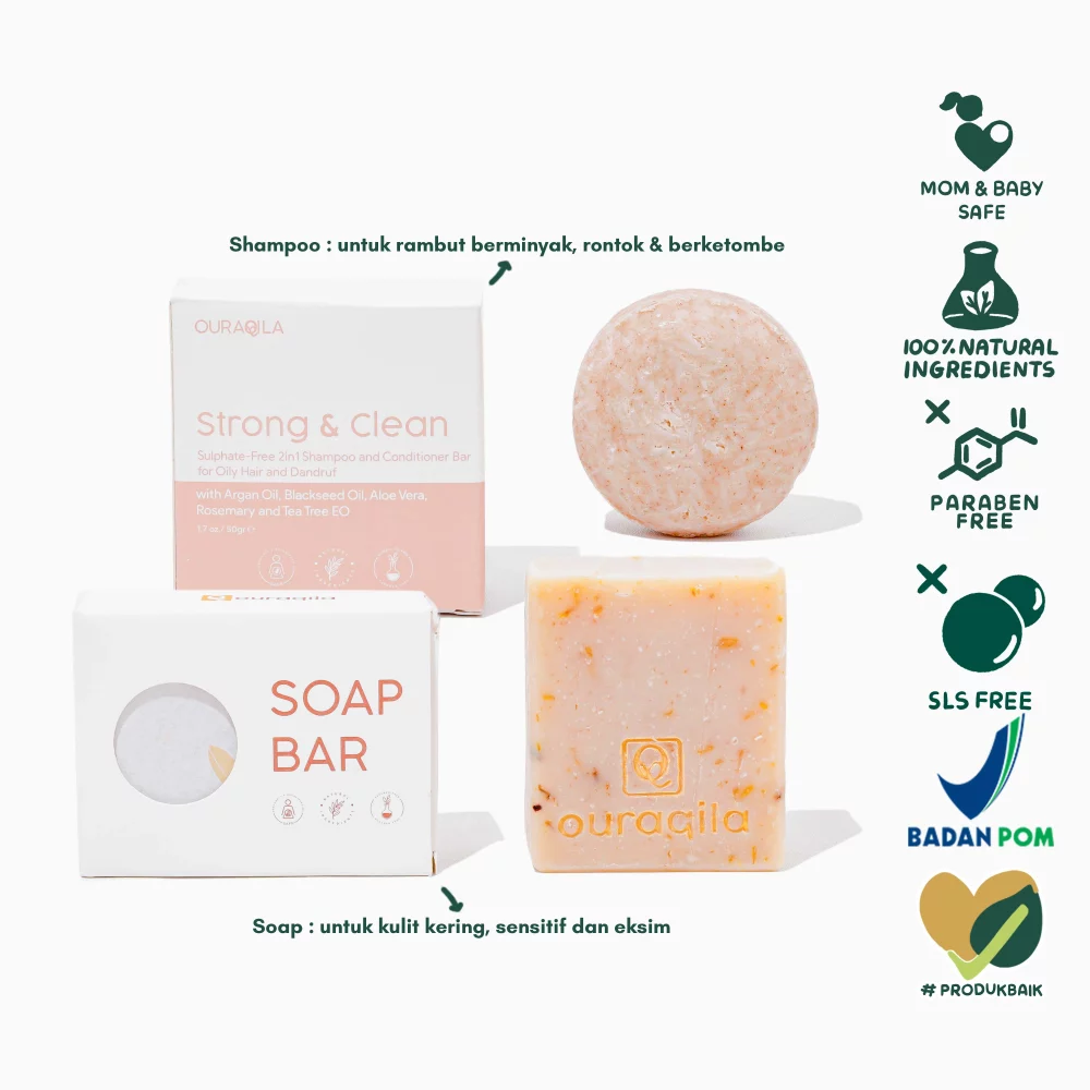Bundle Ouraqila Sabun & Shampoo Alami untuk Kulit Sensitif - Rambut Berminyak